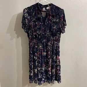BONGO Navy and Multicolor Floral Velour Detail Short Sleeve Dress